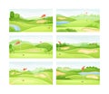 Countryside golf courses with holes, sand traps and red flags set vector illustration Royalty Free Stock Photo