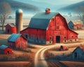 Countryside Gravel Road Farming Landscape Vintage Heritage Red Barn AI Generated