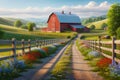 Countryside Gravel Road Springtime Farming Landscape Red Barn Wildflowers AI Generated