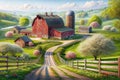 Countryside Gravel Road Springtime Farming Landscape Vintage Heritage Red Barn AI Generated