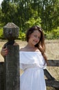 Countryside happy girl woman in summer Ukrainian village ranch or farm. Summer vacation outdoor Royalty Free Stock Photo