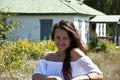 Countryside happy girl woman in summer Ukrainian village. Summer vacation outdoor Royalty Free Stock Photo