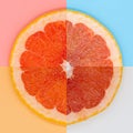 Four quarters of grapefruit on various colored backgrounds arranged