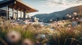 Countryside Home With Grass And Mountains - Stock Photo