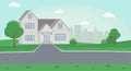 Countryside house color vector illustration. Family house, two storey cottage, townhome with front yard, road and