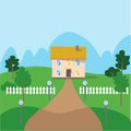 Countryside house flat vector illustration. White fence, green garden. Real estate, property for rent, sale