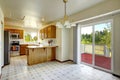 Countryside house interior. Bright kitchen room with walkout dec Royalty Free Stock Photo