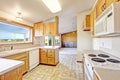 Countryside house interior. Kitchen room with vaulted ceilign an