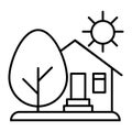 Countryside house, sun and tree thin line icon. House with tree and sun vector illustration isolated on white. Organic