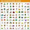 100 countryside icons set, cartoon style