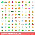 100 countryside icons set, cartoon style