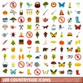 100 countryside icons set, flat style