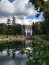 Countryside Italian castle with waterfalls before raining