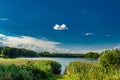 Countryside Lake and Forest Panorama. Sunny Summer Landscape With Blue Sky and White Clouds Royalty Free Stock Photo