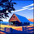 Countryside landscape with barn, trees and blue sky.. AI generated