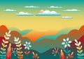 Countryside landscape. Beautiful nature with mountains, hills, field, trees, forest, lake and sky and sun. Cartoon illustration Royalty Free Stock Photo