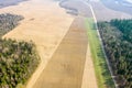 Countryside landscape with empty plowed fields in early spring. birds eyes view Royalty Free Stock Photo