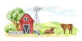 Countryside landscape with farm animals. Watercolor illustration. Green field, red barn, bushes, wind mill, tree cows