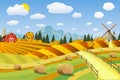 Countryside landscape with haystacks on fields. Royalty Free Stock Photo