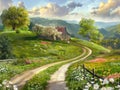 the countryside landscape, with lush green hills, a winding country road, and a rustic farmhouse enveloped by colorful Royalty Free Stock Photo