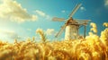 Countryside landscape with old windmill among wheat field and blue sky. Eco tourism. Generative AI Royalty Free Stock Photo