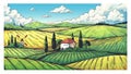 Countryside landscape. Organic farm field sketch with rural farmhouse, fields on hills and village. Vector label with Royalty Free Stock Photo