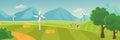 Countryside landscape panorama with mountains on horizon cartoon flat vector illustration. Picturesque panoramic green