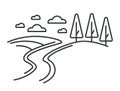 Countryside landscape, road on hills and forest outline drawing