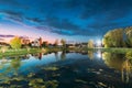 Countryside Landscape During Spring Flood Floodwaters. Bold Bright Blue Evening Sky Above Nature Landscape During Spring