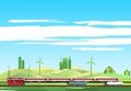 Countryside landscape, train on railroad, highwayr
