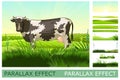 Countryside landscape with vegetable gardens and pastures with grazing goldstein cow. Solid layers for folding picture