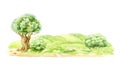 Countryside landscape watercolor illustration. Green field, bushes, tree forming out town view. Country green meadow and Royalty Free Stock Photo