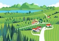 Countryside in the mountains with houses, lake, forest and  vast green fields vector illustration Royalty Free Stock Photo