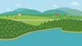 Countryside nature landscape with farm.Vector illustration.Natural scene with hills trees river road mountain cloud