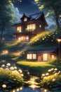 Countryside at night, roadsides overgrown with dandelions, cabin with the lights shine through the window in the pond, wallpaper