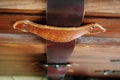 Countryside Old Leather Strap, Handmade Furniture. Vintage Wooden Chest Rural Country Style Still Life. Leather Metal Joints. Royalty Free Stock Photo