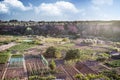 Countryside orchards for subsistence agriculture production. Empty copy space for Editor`s text. Drone shot