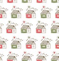 Countryside pattern with cute houses. Seamless drawn background