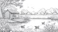 Peaceful Pond Scene with Ducks and Wooden Hut, Nature Sketch Art Royalty Free Stock Photo