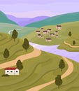 Countryside with river, green hills, fields, rural buildings, houses. Landscape with country, village. Summer nature of