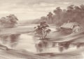Countryside by the river landscape in sepia watercolor vintage background