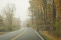 Countryside road alongside the yellow autumn trees on a foggy misty day Royalty Free Stock Photo