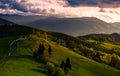 Countryside road through grassy hills at sunset Royalty Free Stock Photo