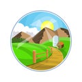 Countryside road landscape illustration. Rural areas with mountains, hills and fields. Nature pathway on farmland.