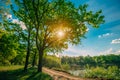 Countryside Road Path Walkway Through Summer Deciduous Forest Park. Sunlight Sun Rays Shine Through Pine Woods In Summer Royalty Free Stock Photo