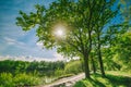 Countryside Road Path Walkway Through Summer Deciduous Forest Park. Sunlight Sun Rays Shine Through Pine Woods In Summer Royalty Free Stock Photo