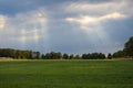 Countryside Rural Field Or Meadow Landscape With Green Grass Under Scenic Sunset Sunrise Sky. Panorama Of Agricultural Landscape Royalty Free Stock Photo