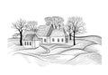 Countryside rural landscape with village house. Sketch of countr