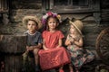 Countryside rustic lifestyle children sitting together old countryside house symbolizing kids friendship and happy carefree rusti