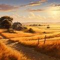 Countryside scene with golden fields stretching to the horizon.